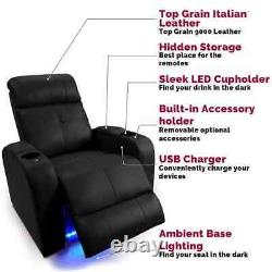 2-Seat Black Leather Power Recline Home Theatre Seating LED Base Lighting