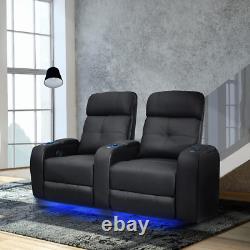 2-Seat Black Leather Power Recline Home Theatre Seating LED Base Lighting
