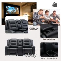 Home Theater Seating Manual Recliner PU Leather Reclining Sofa Set Black
