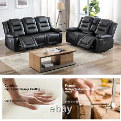 Home Theater Seating Manual Recliner PU Leather Reclining Sofa Set Black
